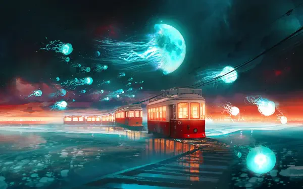 2K Quad HD PC desktop wallpaper and background — a red train crossing mirrored waters in a surreal fantasy landscape as glowing jellyfish drift beneath a turquoise moon.