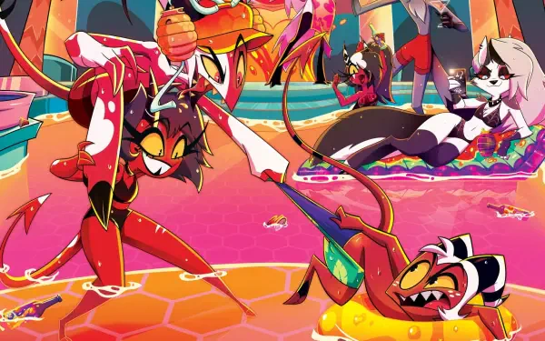 Helluva Boss 4K Ultra HD PC desktop wallpaper: neon pool party with the demon crew splashing, lounging and posing amid vibrant, cartoonish colors.