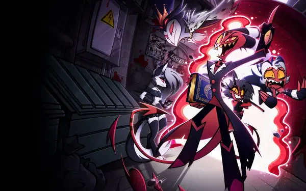 Helluva Boss 4K Ultra HD PC desktop wallpaper: Blitzo and his crew strike a dramatic, neon-lit pose with swirling red energy in a shadowy alley background.