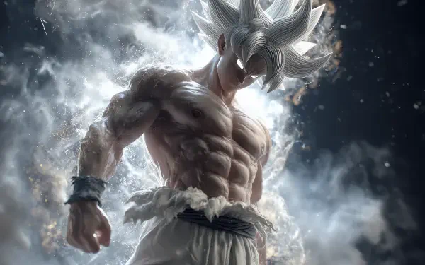 Dragon Ball mobile phone wallpaper and 2K Quad HD PC desktop background: Ultra Instinct Goku—silver‑haired, chiseled and muscular, surrounded by a glowing aura and stormy energy.