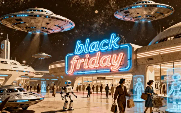 Black Friday 4K Ultra HD PC desktop wallpaper and background — retro-futuristic mall with neon black friday sign, flying saucers overhead, robots and shoppers in a glossy space-age plaza.