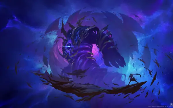 World of Warcraft video game 2K Quad HD PC desktop wallpaper/background: a towering shadowy demon rises from a purple-blue vortex while a lone silhouette stands on a shattered floating rock.