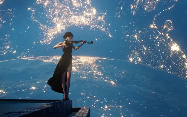 4K Ultra HD PC desktop wallpaper and background showing a woman in a black dress playing violin on a ledge against a glowing planetscape of city lights and stars.