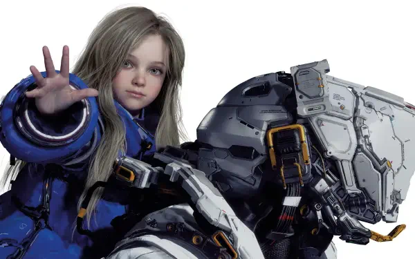 Pragmata video game 2K Quad HD PC desktop wallpaper: young woman in a blue suit reaches out beside a bulky armored robot against a white background.