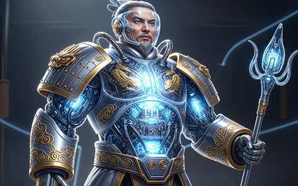 4K Ultra HD PC Desktop Wallpaper and Background: armored futuristic sage in ornate blue-gold exosuit, glowing chest core and trident, radiant energy and intricate details.