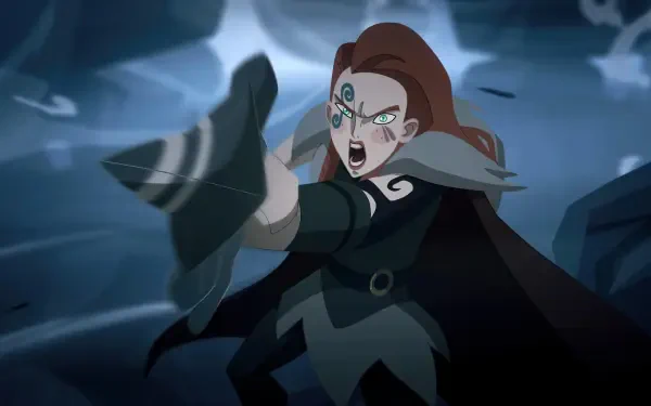 Red-haired warrior with facial tattoo unleashing icy magic amid swirling shards and rocks — Twilight of the Gods, 4K Ultra HD PC desktop wallpaper and background.