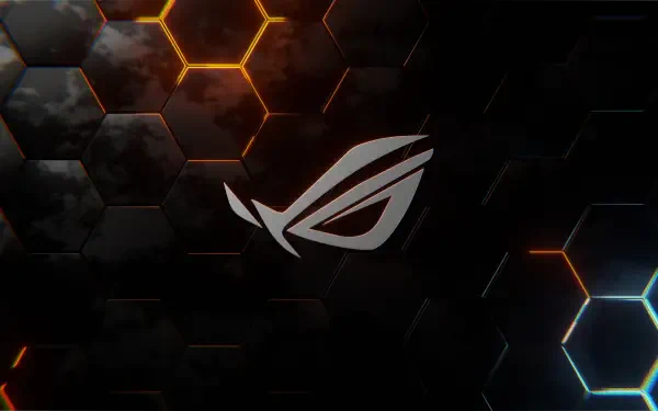 Dark 4K Ultra HD Republic of Gamers PC desktop wallpaper and background: white ROG logo centered over hexagonal grid with glowing orange and blue accents, video game aesthetic.