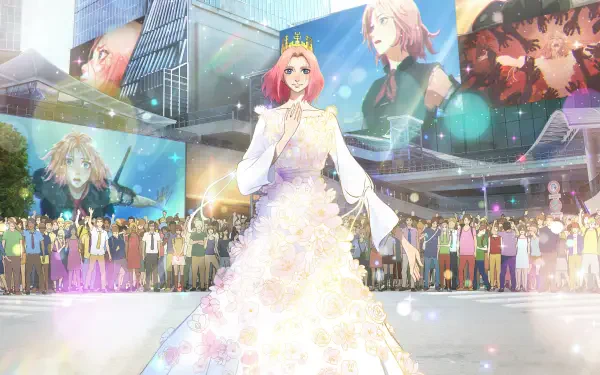Scarlet — 8K Ultra HD PC desktop wallpaper and background: anime princess in a floral wedding gown and crown walks through a glittering plaza past cheering crowds and giant billboards.