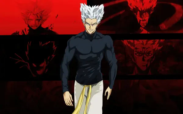 Garou from One-Punch Man strides forward, white hair and black shirt against a red-black collage of his faces — 4K Ultra HD PC desktop wallpaper and background.