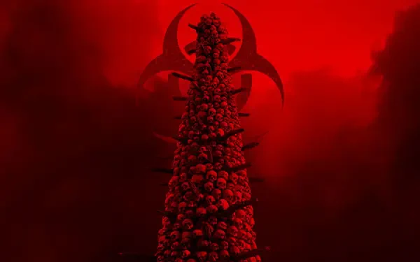 28 Years Later 4K Ultra HD PC desktop wallpaper and background: towering column of skulls beneath a biohazard symbol, drenched in blood-red fog.