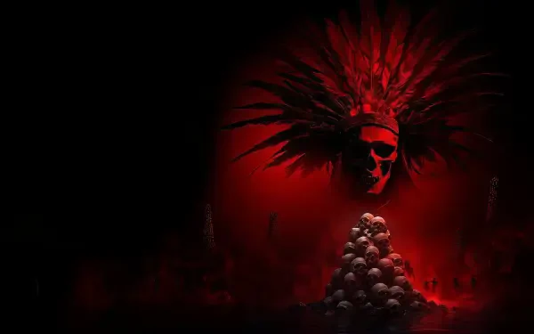 28 Years Later — 4K Ultra HD PC desktop wallpaper and background: a red-black scene with a skull headdress looming over a pyramid of skulls in smoky darkness.