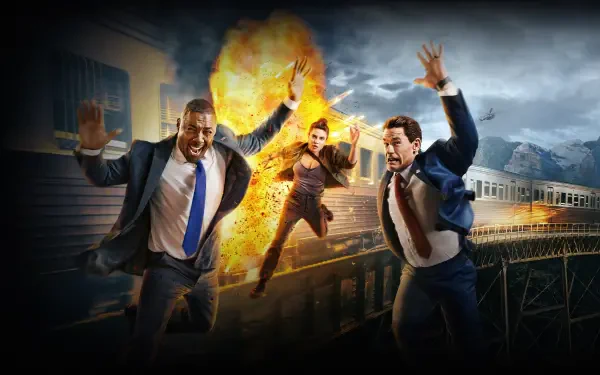 Heads of State 4K Ultra HD PC desktop wallpaper: two suited heads of state and a leaping operative sprint across a bridge as a massive explosion erupts behind them.