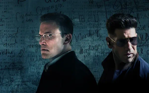 The Accountant 2 2K Quad HD PC desktop wallpaper: two serious men back-to-back before a blue wall covered in handwritten numbers, equations and notes.