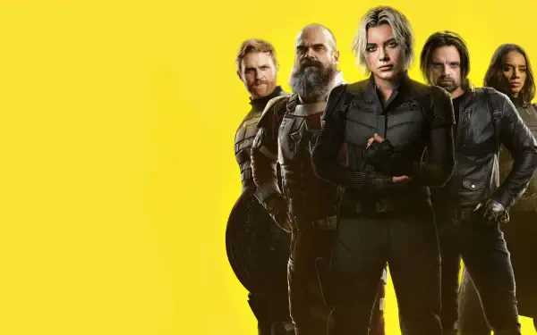 Thunderbolts (2025) 4K Ultra HD PC desktop wallpaper: five leather‑clad antiheroes standing with arms crossed against a bold yellow background.