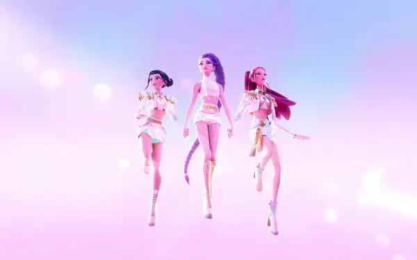 KPop Demon Hunters trio in pastel pink-purple sky, futuristic costumes and dynamic stride — 2K Quad HD PC desktop wallpaper.