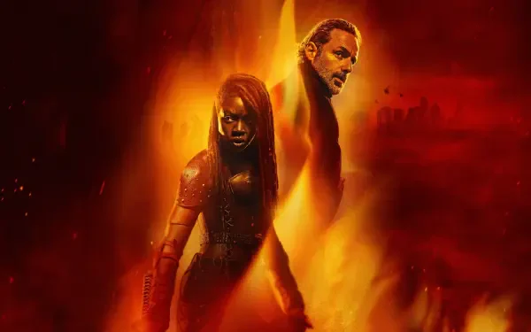 The Walking Dead: The Ones Who Live — 4K Ultra HD PC wallpaper: two figures back-to-back in a fiery red‑orange haze, dramatic silhouettes and intense, cinematic lighting.