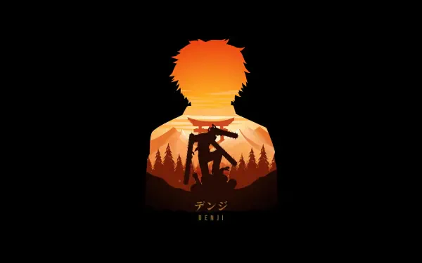 Chainsaw Man 8K Ultra HD PC desktop wallpaper and background: orange silhouette of Denji wielding a chainsaw set against a dark backdrop with a forested horizon.
