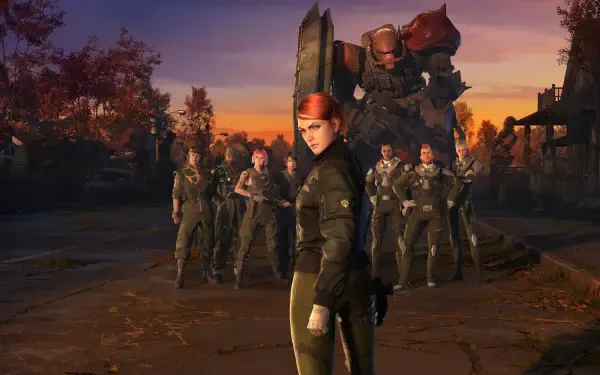 Gundam: Requiem for Vengeance HD PC desktop wallpaper of a red-banded pilot leading a squad with a towering mobile suit looming behind at sunset.