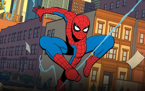 Your Friendly Neighborhood Spider-Man swings through city brownstones in vibrant comic-style art — 4K Ultra HD PC desktop wallpaper.