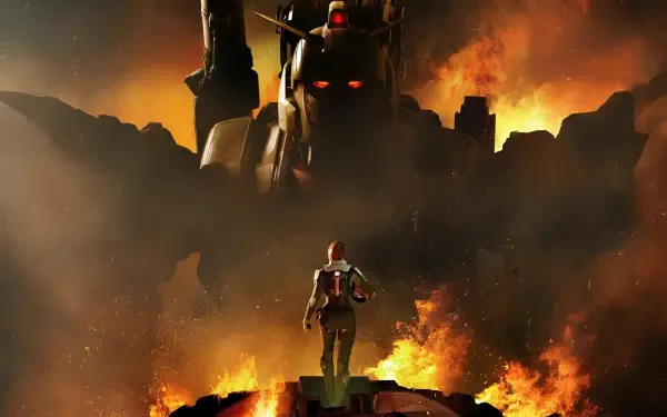 Gundam: Requiem for Vengeance — 2K Quad HD PC desktop wallpaper and background showing a lone pilot facing a towering Gundam amid fiery, smoldering ruins.