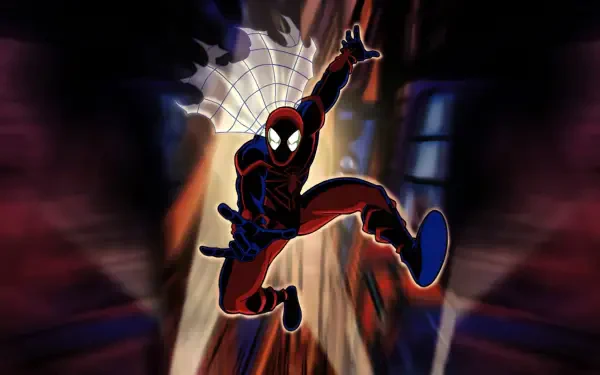 Spider-Man Unlimited HD PC desktop wallpaper showing comic-style Spider-Man leaping with webbing through a blurred city backdrop.