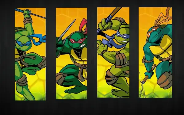 Teenage Mutant Ninja Turtles (2003) HD PC desktop wallpaper: four vertical panels showing each turtle in dynamic action poses with weapons against a bright yellow background.