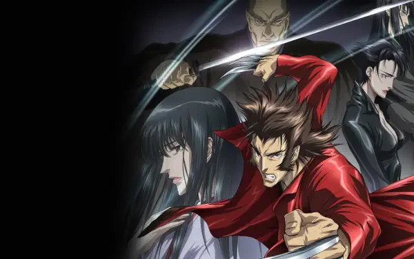 Fierce anime-style Wolverine lunging with claws extended, red coat and snarling face, shadowy figures behind him — 4K Ultra HD PC desktop wallpaper and background.