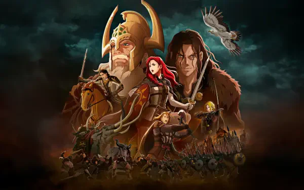 4K Ultra HD PC desktop wallpaper: The Lord of the Rings: The War of the Rohirrim — cinematic montage of Rohirrim warriors, a horned king, red-haired heroine, and a soaring hawk.