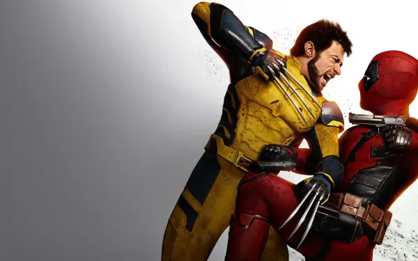 Deadpool and Wolverine clash in a high-contrast 4K Ultra HD PC desktop wallpaper: Wolverine in yellow suit unsheathing claws while Deadpool grapples him.