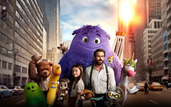 IF (2024) 4K Ultra HD PC desktop wallpaper: a bearded man and young girl walk a sunlit city street surrounded by colorful, plush-like imaginary creatures and a smiling giant purple monster.