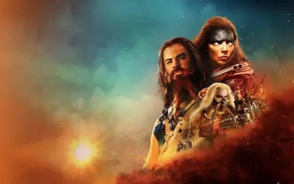 Furiosa: A Mad Max Saga — 4K Ultra HD PC desktop wallpaper depicting Furiosa with war paint, a bearded ally and a skull-adorned driver against a fiery desert sky.