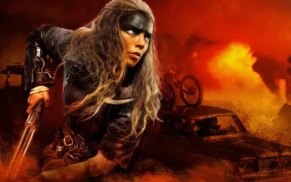 Furiosa from Furiosa: A Mad Max Saga crouches amid burning desert wreckage, gripping a weapon as orange explosions light the sky — 4K Ultra HD PC desktop wallpaper.