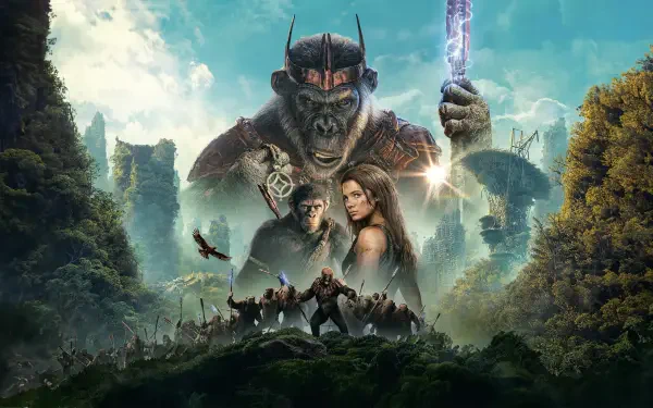 4K Ultra HD PC desktop wallpaper — Kingdom of the Planet of the Apes: a towering armored ape looms over human allies, jungle ruins and a dramatic sky.