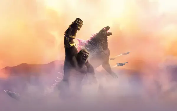 Godzilla x Kong: The New Empire — Kong and Godzilla rise from mist at sunrise with jets streaking overhead; 4K Ultra HD PC desktop wallpaper background.