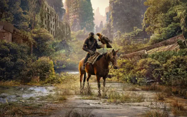 Kingdom of the Planet of the Apes 4K Ultra HD PC desktop wallpaper, an ape rider on horseback crossing a flooded, overgrown ruined city canyon bathed in warm golden light