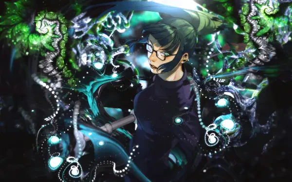 Jujutsu Kaisen 4K Ultra HD PC desktop wallpaper of a dark-haired sorcerer surrounded by glowing green and teal energy tendrils, floating orbs and shadowed textures.