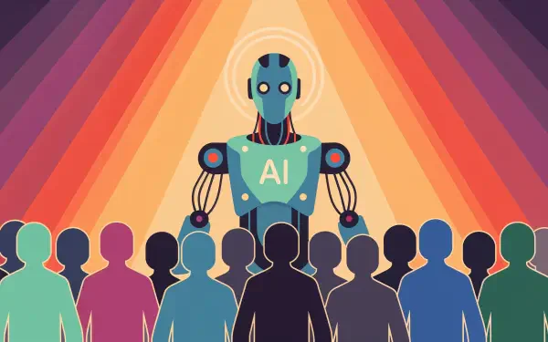 4K Ultra HD PC desktop wallpaper and background: stylized AI robot with glowing halo and AI chest overseeing a crowd of colorful silhouettes against radiant rainbow rays.