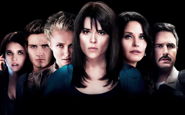 Scream 4 4K Ultra HD PC desktop wallpaper: five tense faces in a horizontal lineup against a black background, central woman staring forward under moody blue lighting.