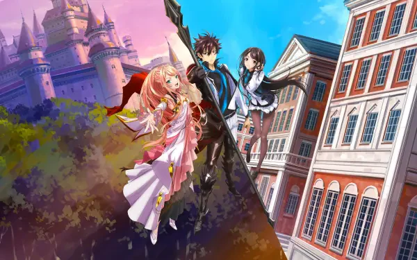 4K Ultra HD PC desktop wallpaper for I Got a Cheat Skill in Another World and Became Unrivaled in The Real World Too — protagonist with sword flanked by two companions, castle meets city skyline.