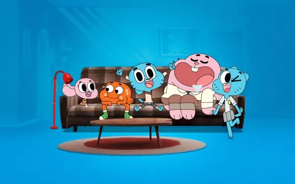 The Amazing World of Gumball 4K Ultra HD PC desktop wallpaper showing Gumball, Darwin, Anais, Nicole and Richard sitting on a couch against a bright blue background.