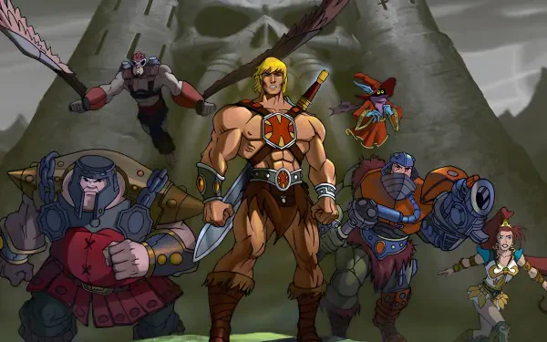 He-Man and the Masters of the Universe stand on a rocky plateau beneath stormy skies, He-Man center with armored allies and a flying companion — 4K Ultra HD PC desktop wallpaper