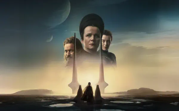 Dune Prophecy 4K Ultra HD PC desktop wallpaper background: two cloaked figures approach towering spires beneath three looming faces and twin moons over a misty desert.