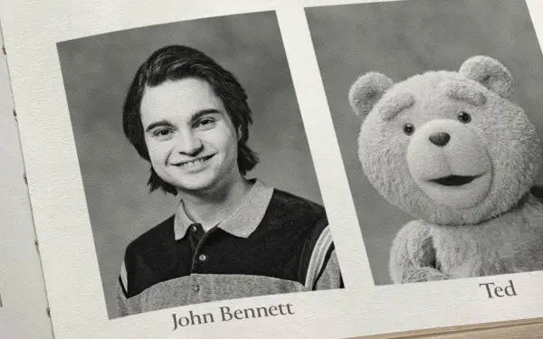HD PC desktop wallpaper showing black-and-white yearbook headshots of John Bennett and Ted from Ted (TV Show), side-by-side portraits.