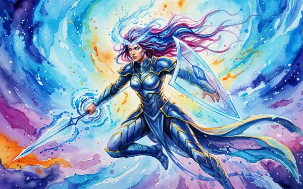 4K Ultra HD PC desktop wallpaper of a Psionic Warrior: an armored psychic floats through swirling cosmic blues and gold, projecting energy while wielding a glowing sword and translucent shield.