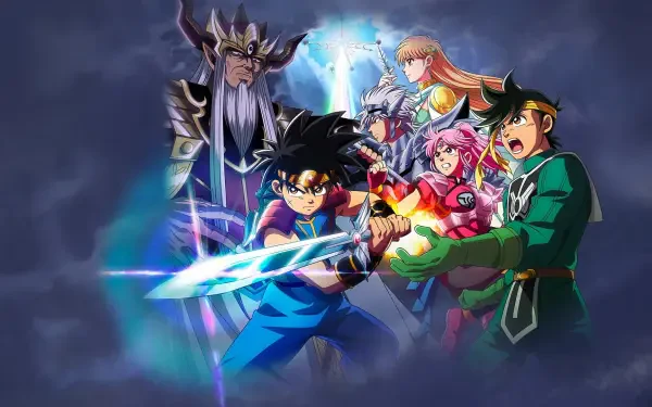 Dragon Quest: The Adventure of Dai HD PC desktop wallpaper and background — Dai and companions strike battle poses with a glowing sword and a looming dark sorcerer backdrop.