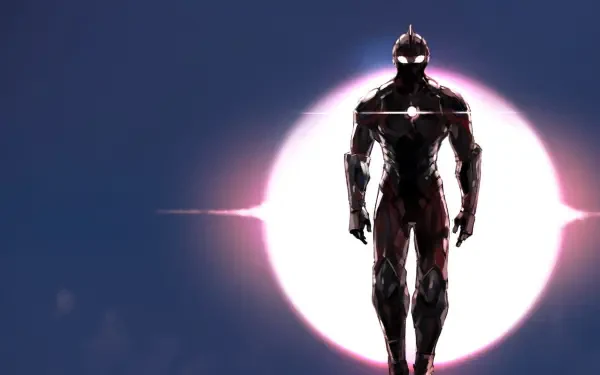 Ultraman: Rising — silhouette of Ultraman framed by a glowing solar disc and moody sky, HD PC desktop wallpaper and background.