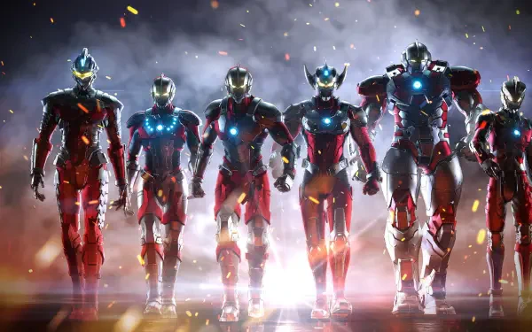 Ultraman: Rising — HD PC desktop wallpaper of six glowing red-and-silver Ultraman heroes walking through smoke, sparks, and dramatic lighting.