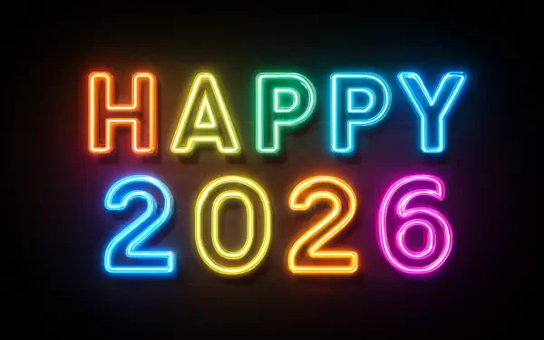 Multicolored neon HAPPY 2026 glowing on a black background — 2K Quad HD PC desktop wallpaper and Happy New Year 2026 neon sign.