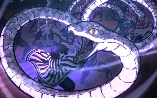 Anime HD PC desktop wallpaper/background: Obanai Iguro from Demon Slayer: Kimetsu no Yaiba, entwined with his white snake amid swirling purple light and shadow.