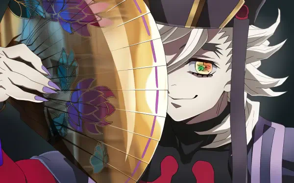 HD PC anime desktop wallpaper of Doma (Demon Slayer: Kimetsu no Yaiba — The Movie: Infinity Castle), grinning while holding a golden fan, white hair and multicolored eyes against a dark backdrop.